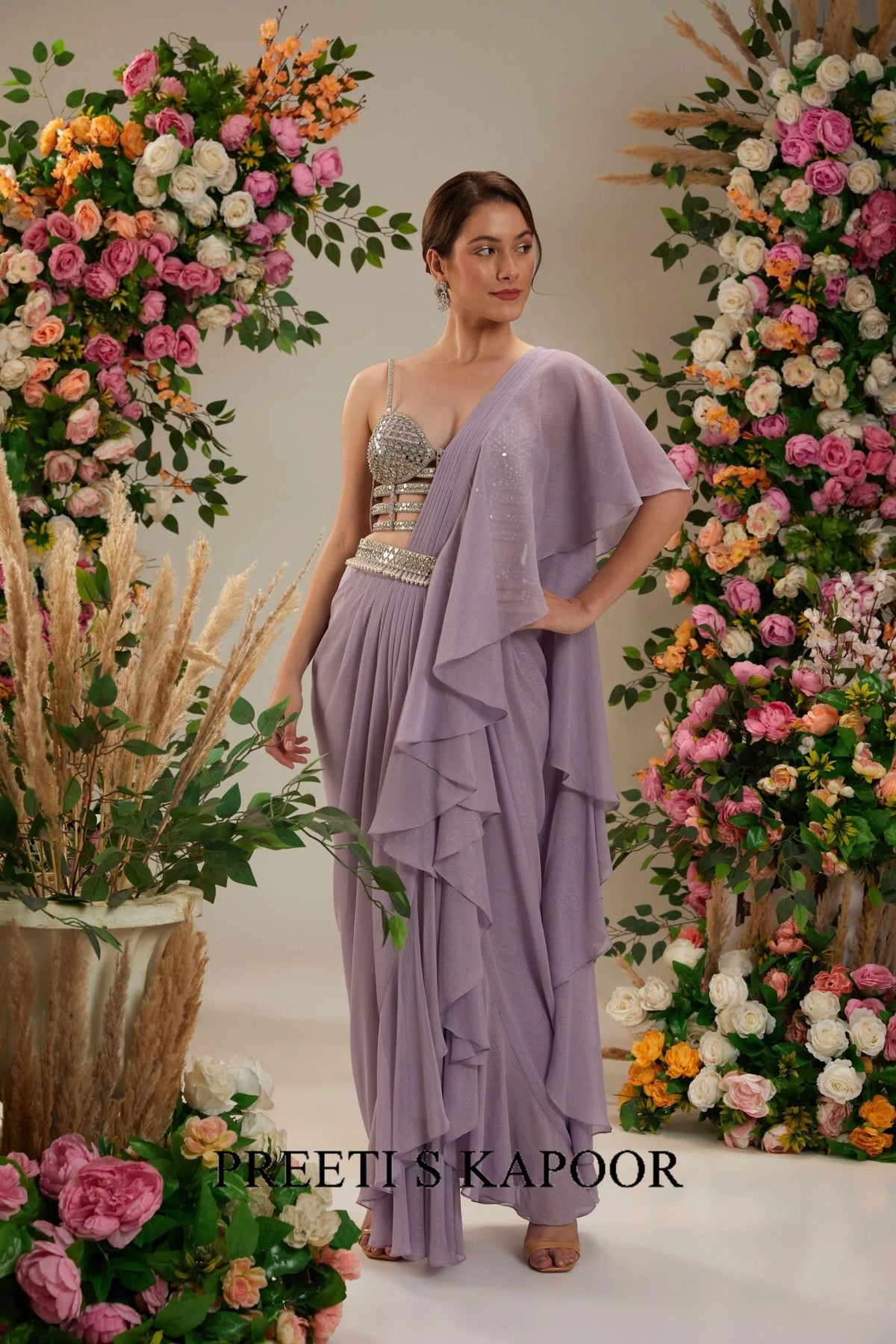Lilac Dupion Blouse Shimmer Georgette Saree - Preeti S Kapoor