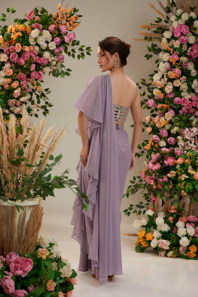 Lilac Dupion Blouse Shimmer Georgette Saree - Preeti s kapoor