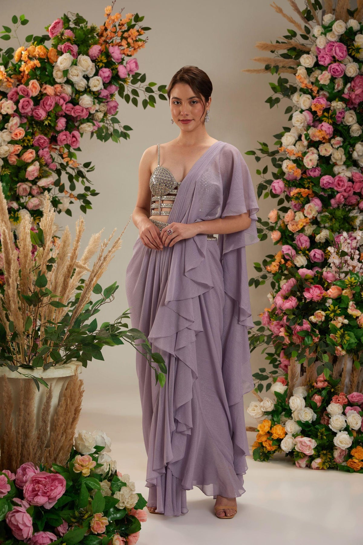 Lilac Dupion Blouse Shimmer Georgette Saree - Preeti s kapoor