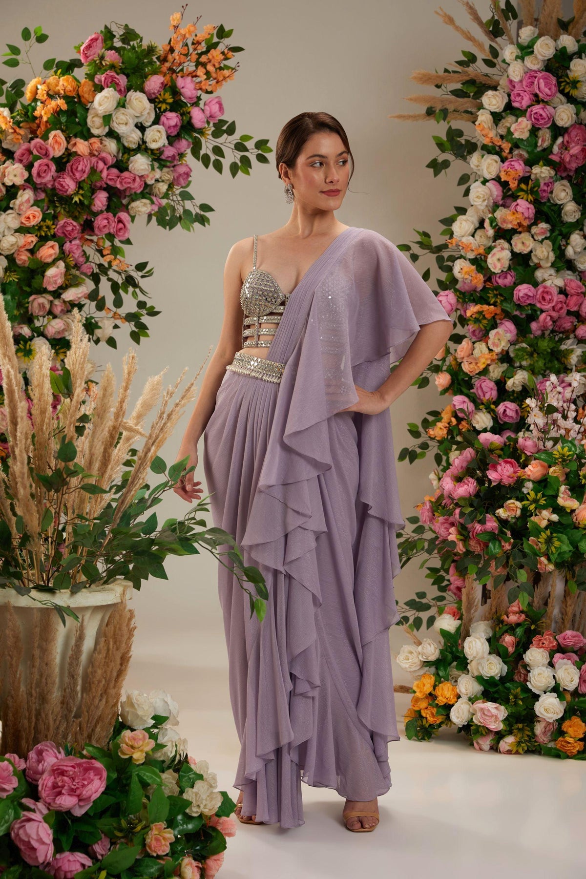 Lilac Dupion Blouse Shimmer Georgette Saree - Preeti s kapoor