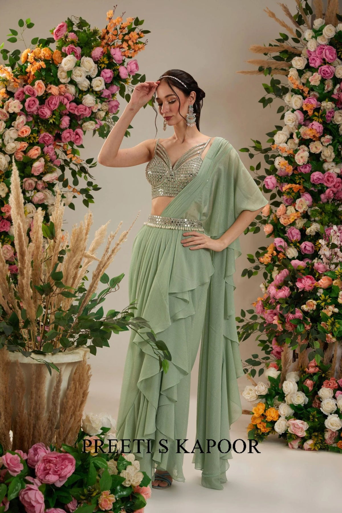 Green Dupion Blouse Shimmer Georgette Saree - Preeti S Kapoor