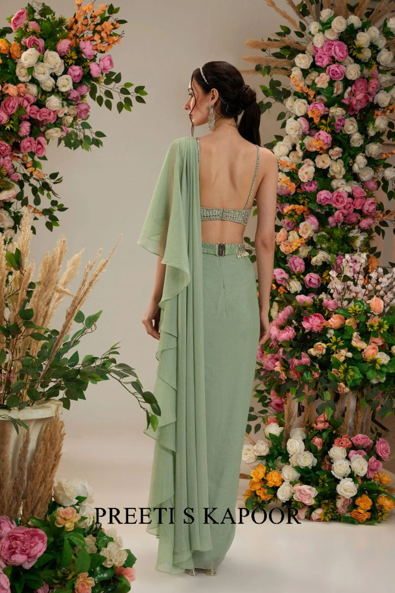 Green Dupion Blouse Shimmer Georgette Saree - Preeti S Kapoor