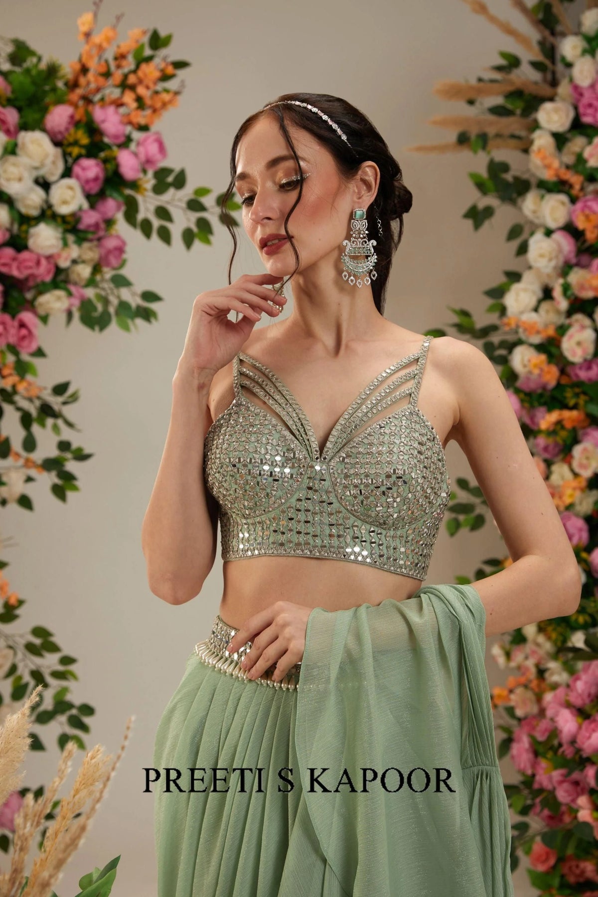 Green Dupion Blouse Shimmer Georgette Saree - Preeti S Kapoor