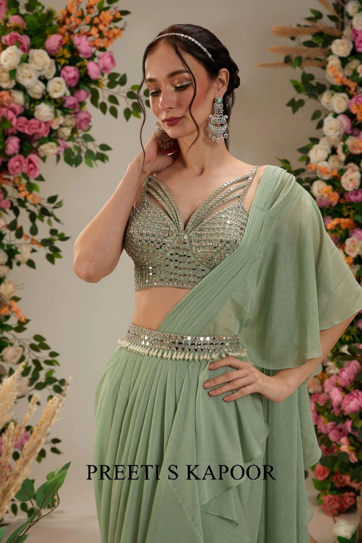 Green Dupion Blouse Shimmer Georgette Saree - Preeti S Kapoor
