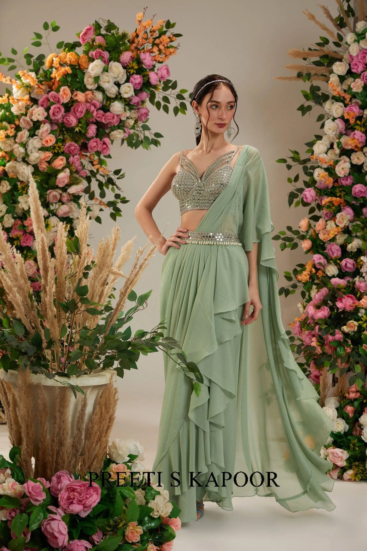 Green Dupion Blouse Shimmer Georgette Saree - Preeti S Kapoor