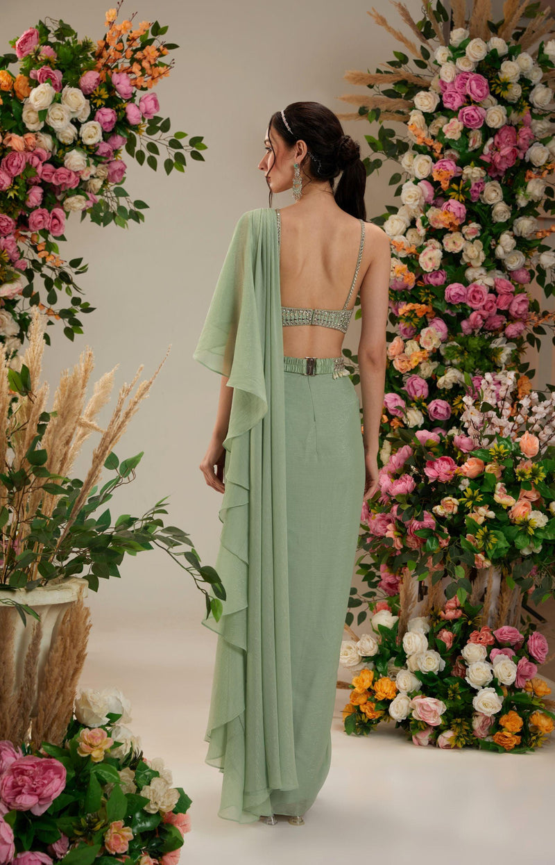 Green Dupion Blouse Shimmer Georgette Saree - Preeti s kapoor