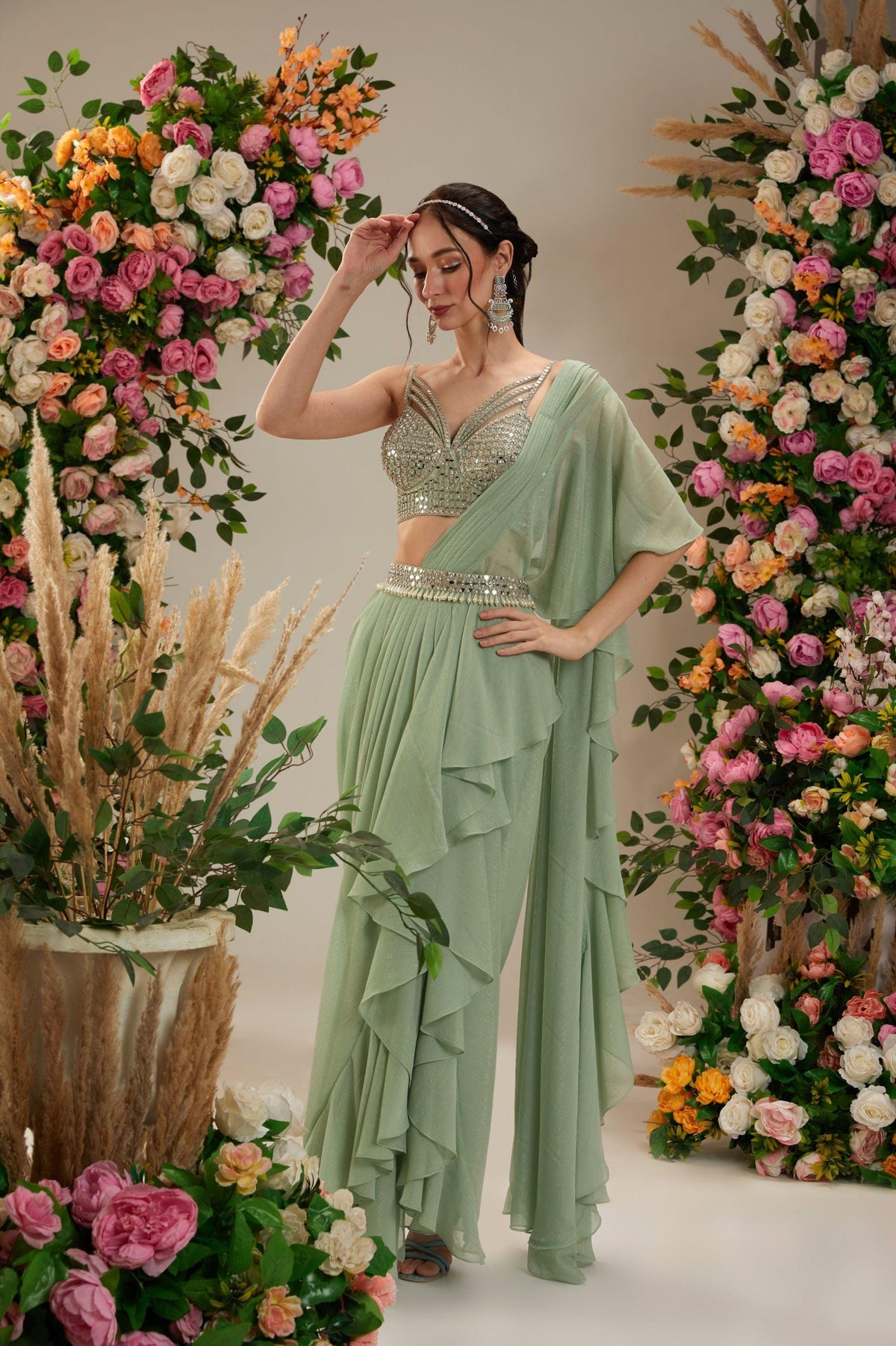 Green Dupion Blouse Shimmer Georgette Saree - Preeti s kapoor