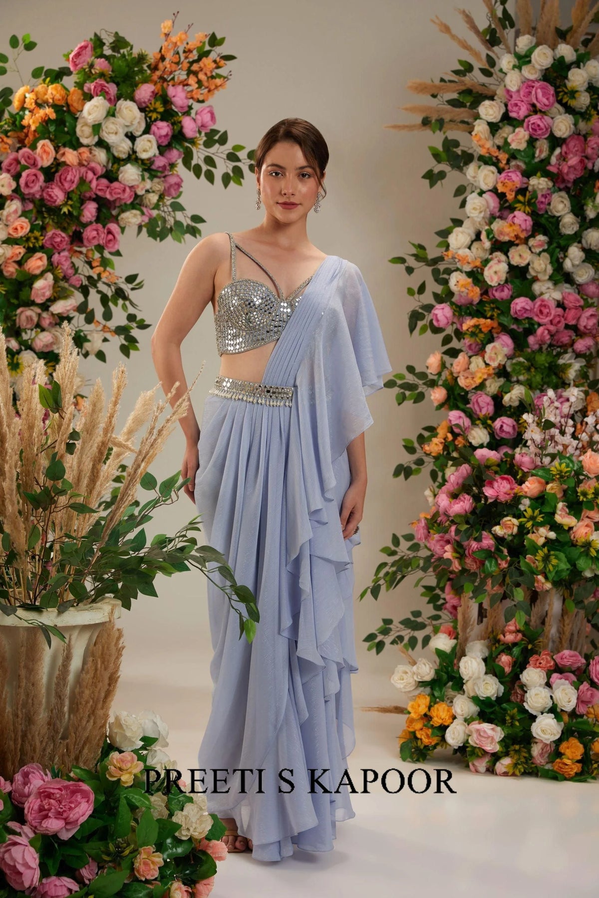 Powder Blue Dupion Blouse Shimmer Georgette saree - Preeti S Kapoor