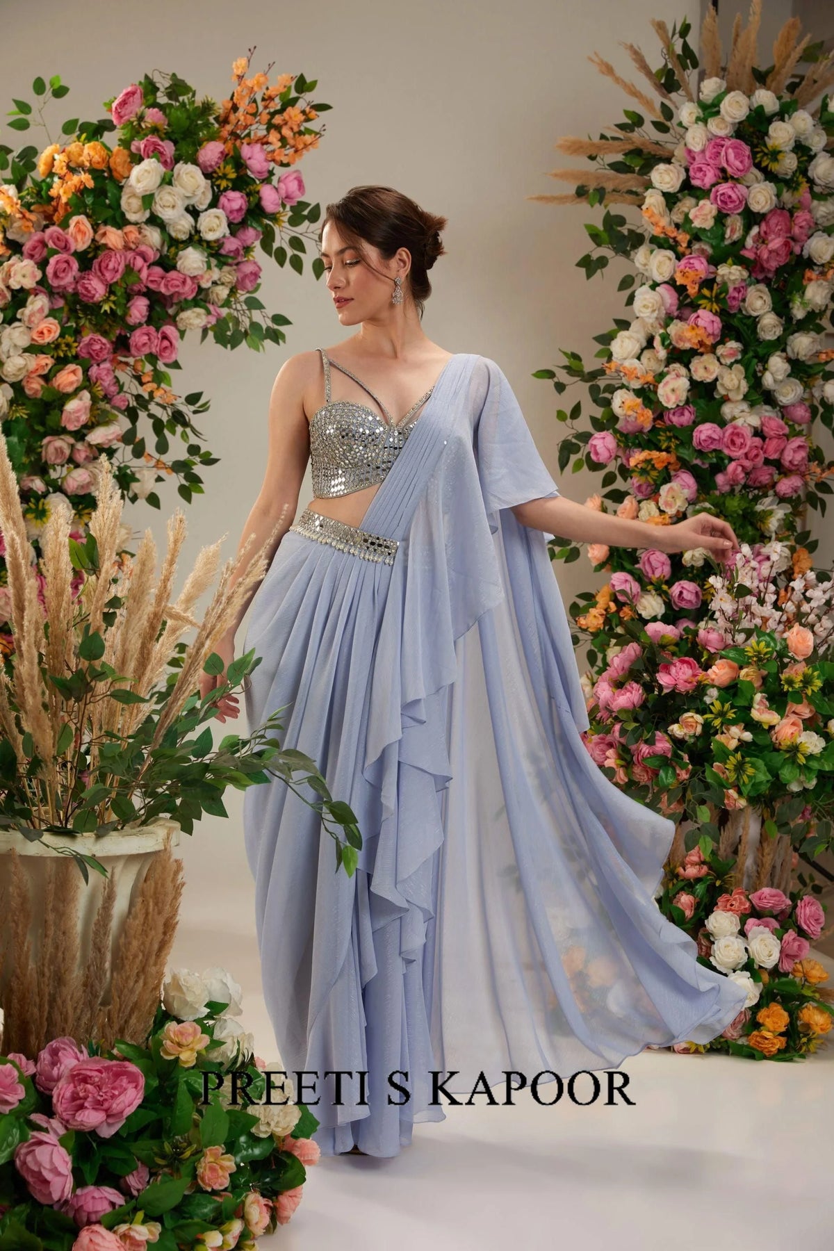 Powder Blue Dupion Blouse Shimmer Georgette saree - Preeti S Kapoor