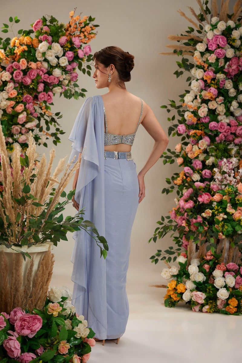 Powder Blue Dupion Blouse Shimmer Georgette saree - Preeti s kapoor