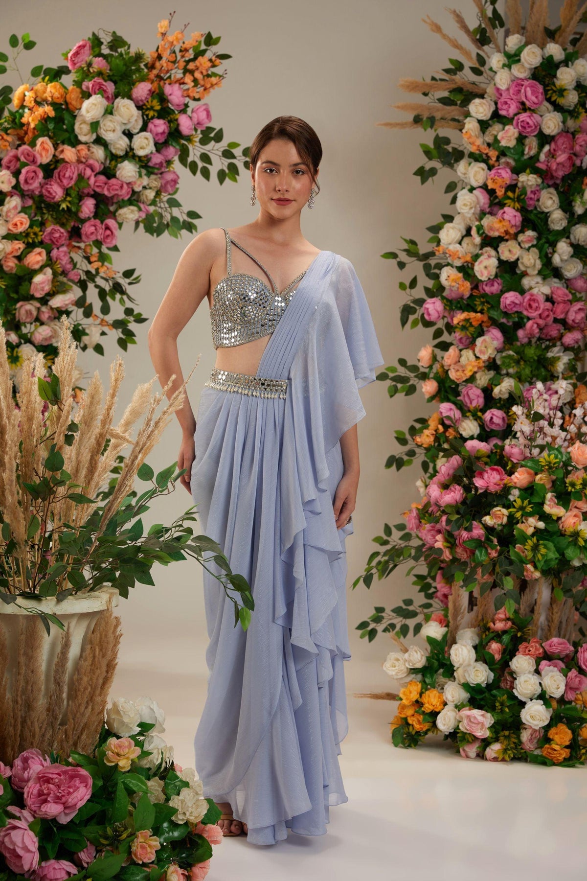 Powder Blue Dupion Blouse Shimmer Georgette saree - Preeti s kapoor