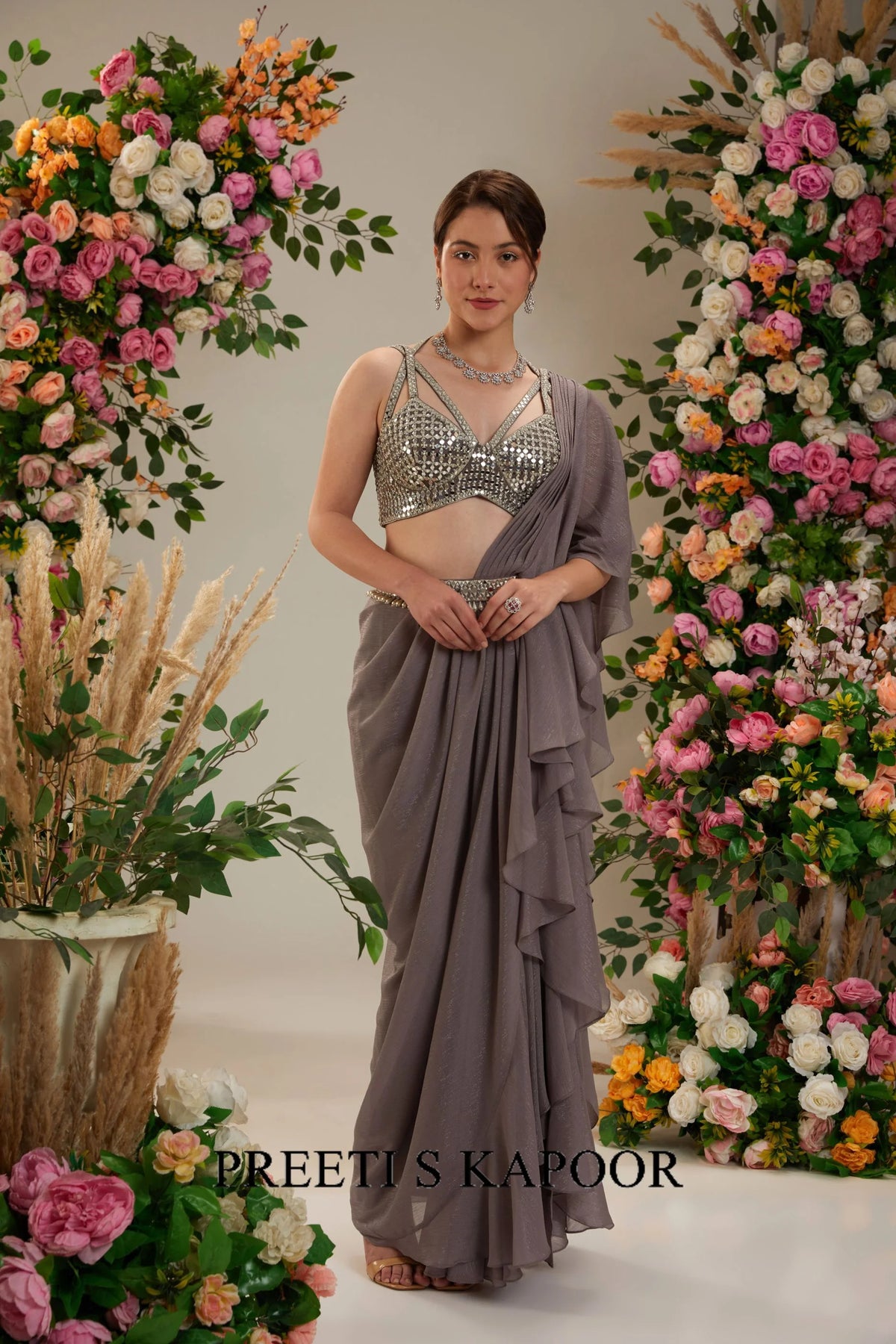 Grey Dupion Blouse Shimmer Georgette Saree - Preeti S Kapoor