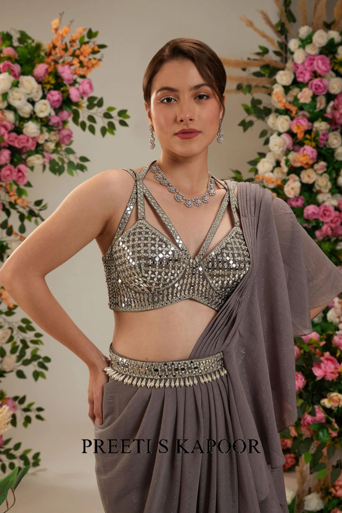Grey Dupion Blouse Shimmer Georgette Saree - Preeti S Kapoor
