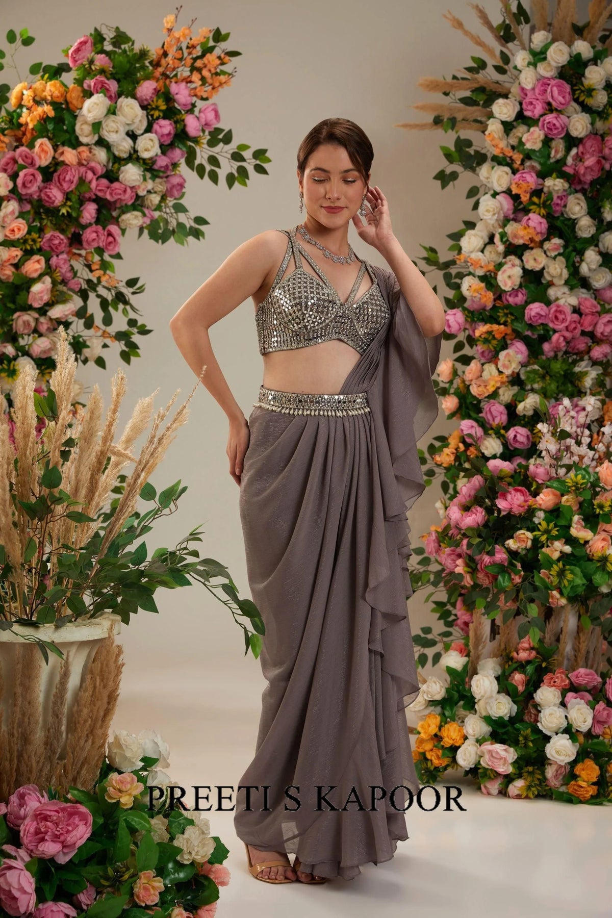 Grey Dupion Blouse Shimmer Georgette Saree - Preeti S Kapoor
