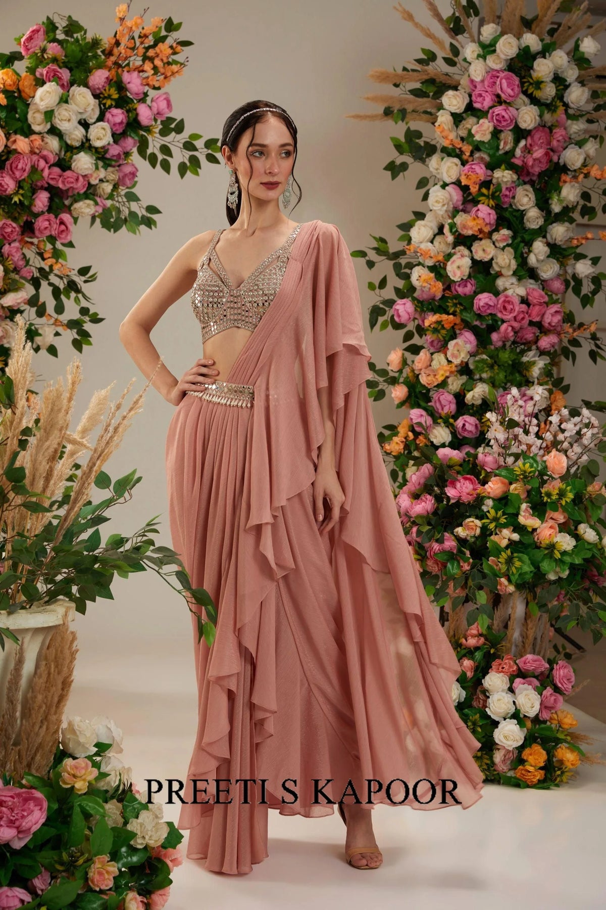 Peach Brown Dupion blouse Shimmer Georgette Saree - Preeti S Kapoor