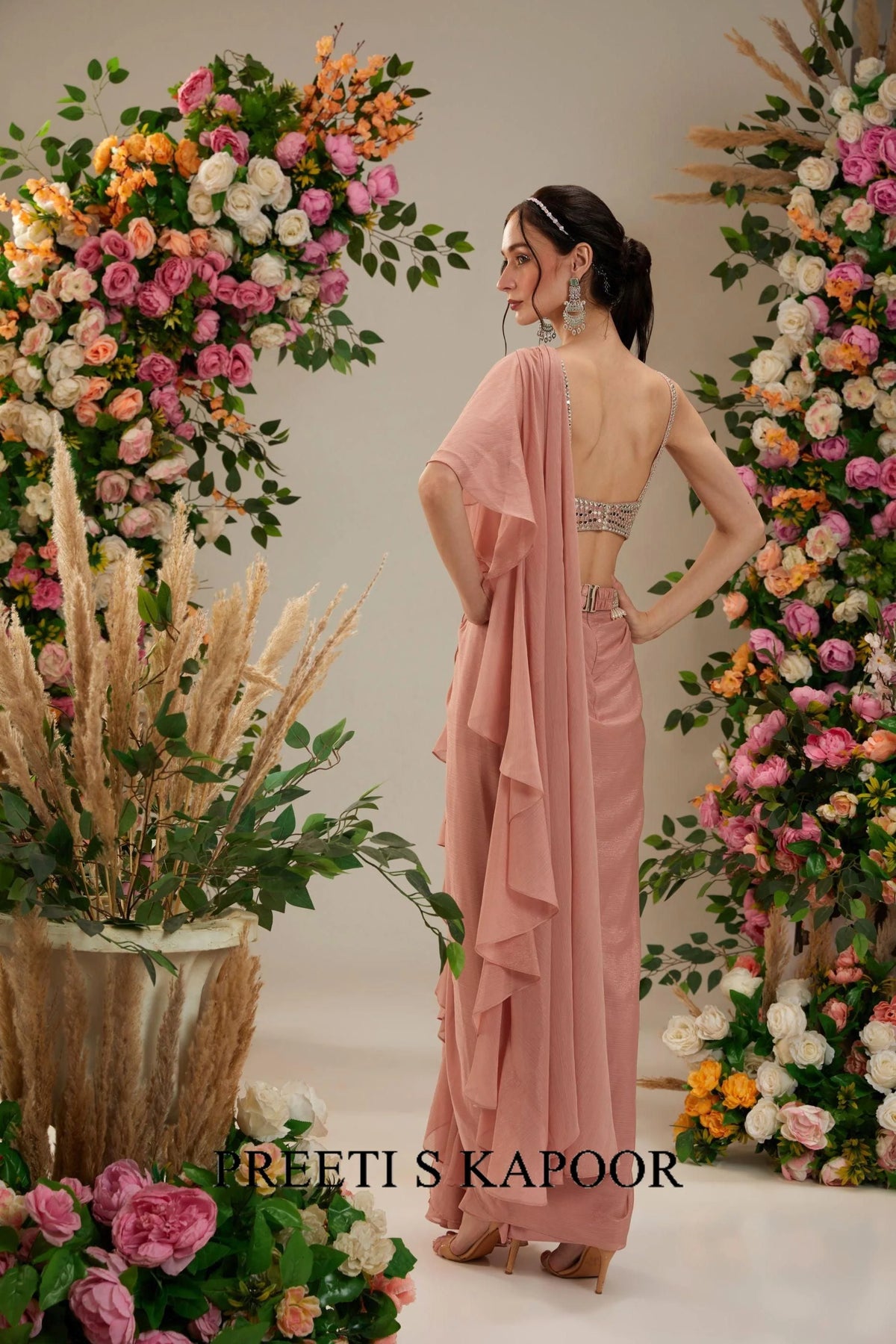 Peach Brown Dupion blouse Shimmer Georgette Saree - Preeti S Kapoor