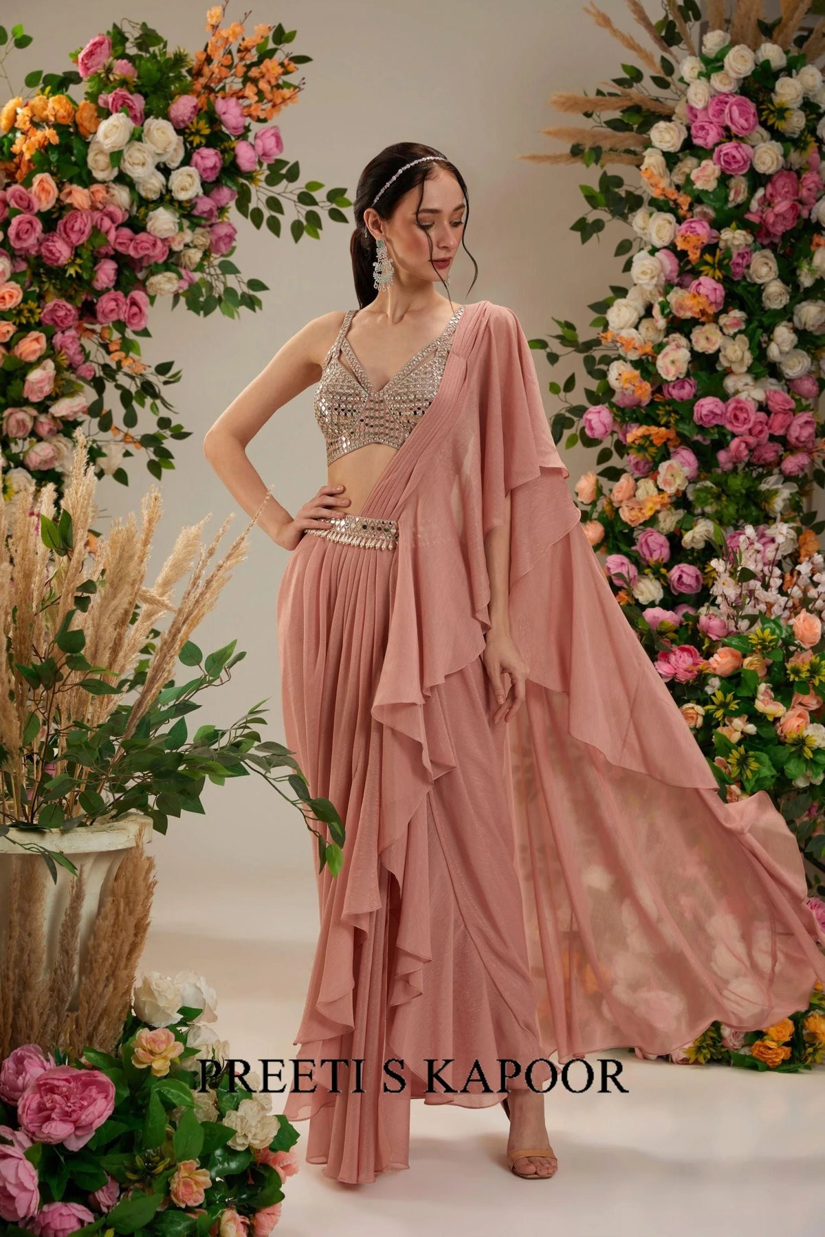 Peach Brown Dupion blouse Shimmer Georgette Saree - Preeti S Kapoor