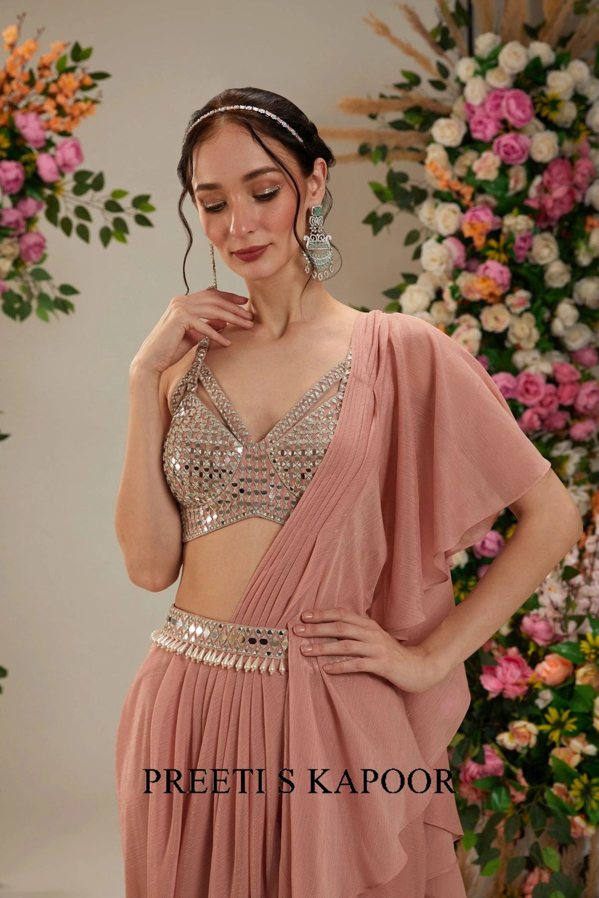 Peach Brown Dupion blouse Shimmer Georgette Saree - Preeti S Kapoor