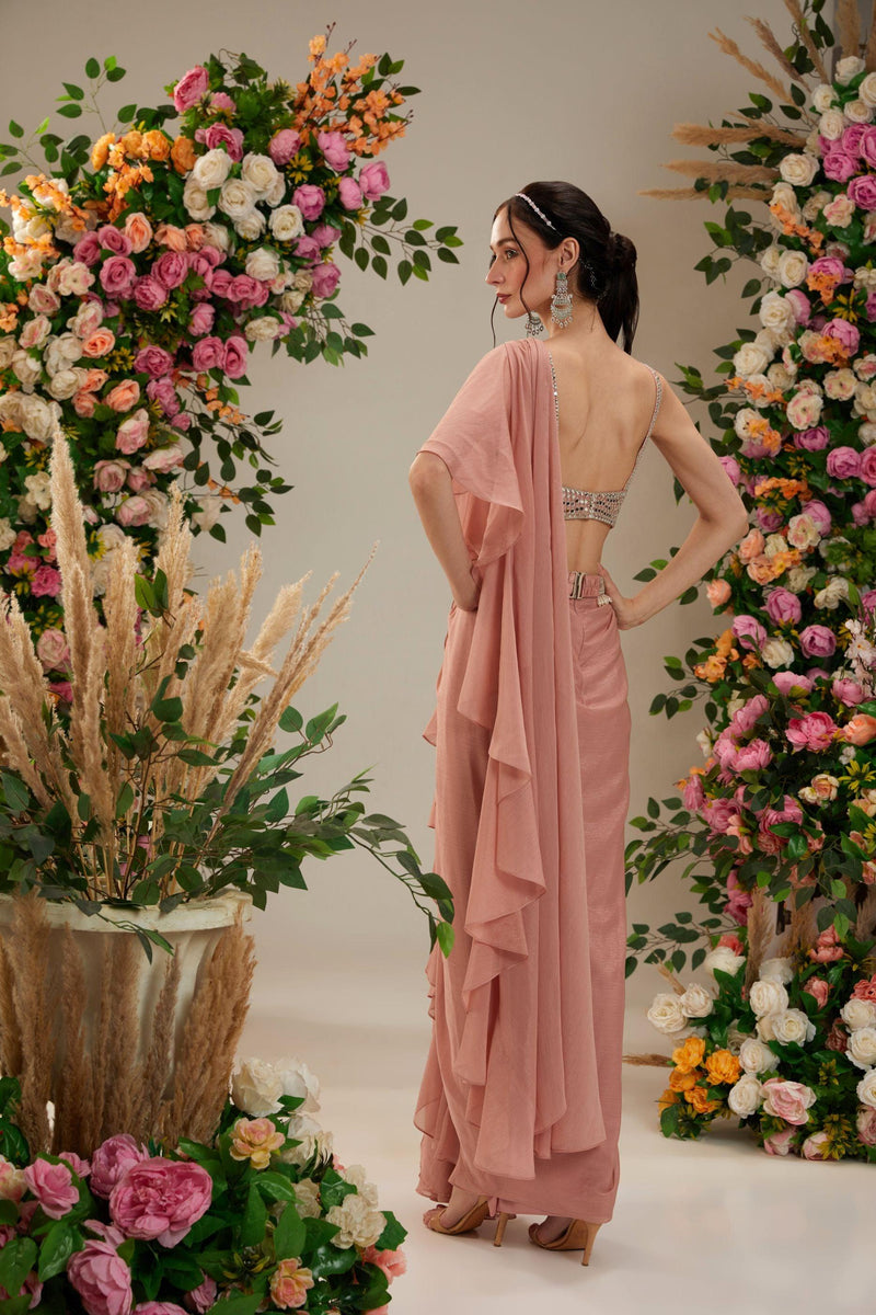 Peach Brown Dupion blouse Shimmer Georgette Saree - Preeti s kapoor