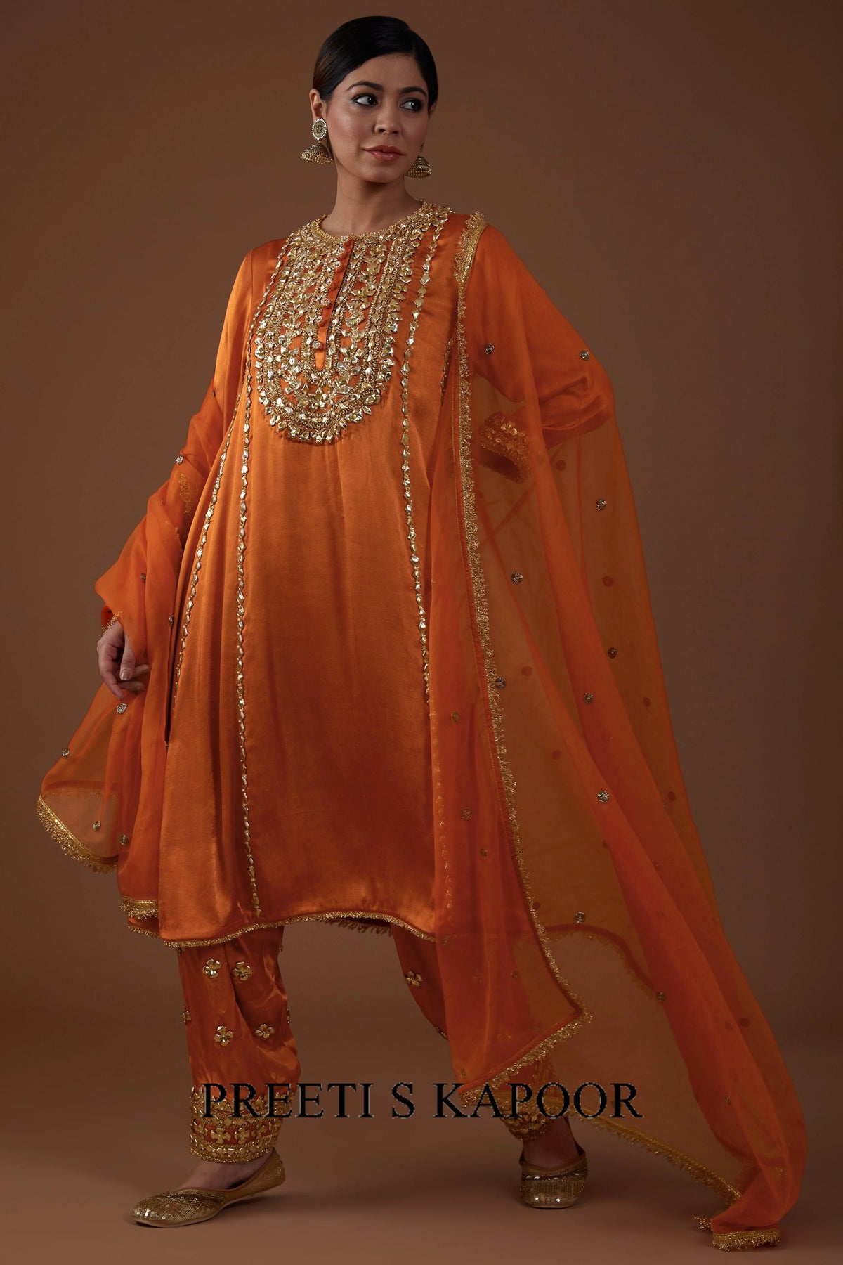 Burnt Amber hued Mashru silk kurta set - Preeti S Kapoor