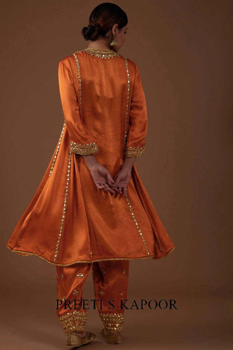 Burnt Amber hued Mashru silk kurta set - Preeti S Kapoor