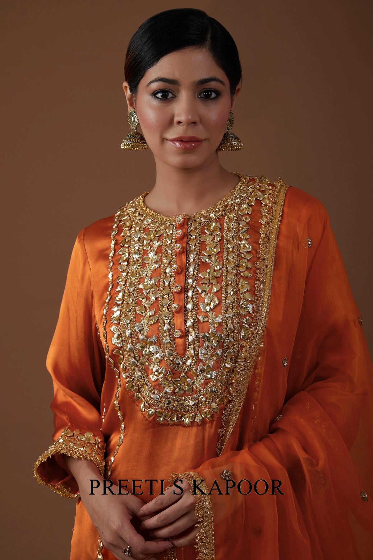 Burnt Amber hued Mashru silk kurta set - Preeti S Kapoor