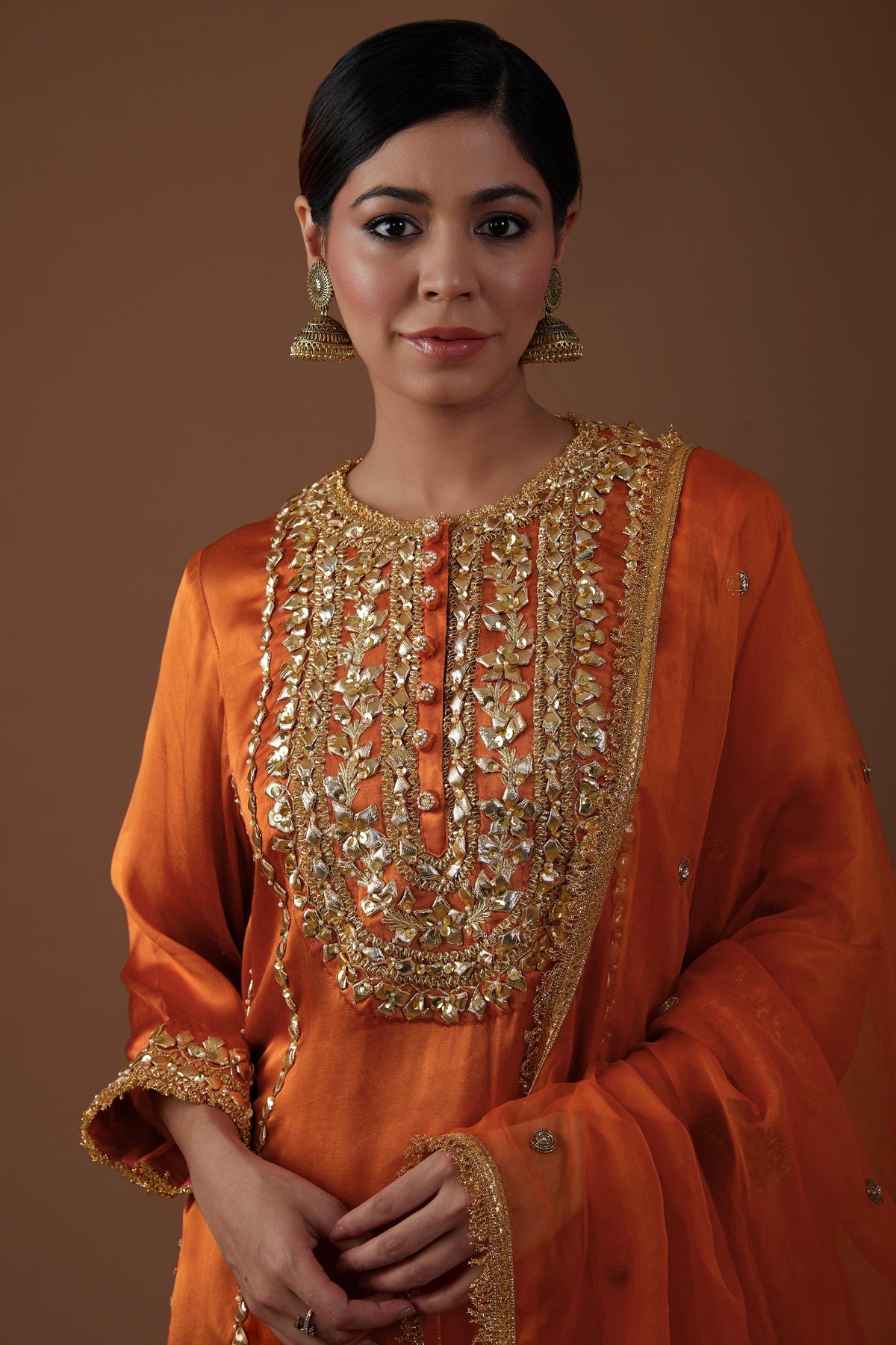 Burnt Amber hued Mashru silk kurta set - Preeti s kapoor