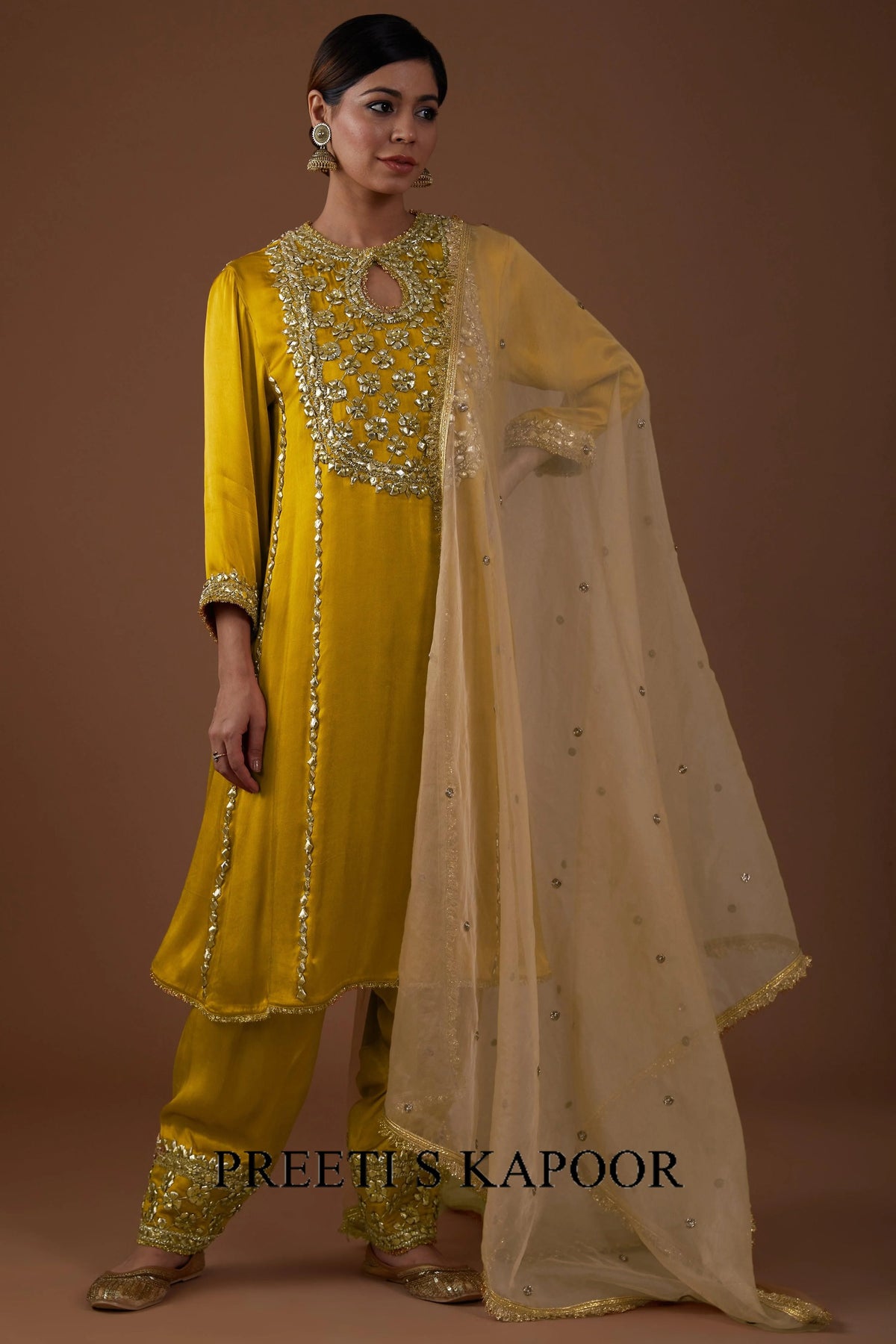 Golden Saffron hued Mashru silk kurta set - Preeti S Kapoor