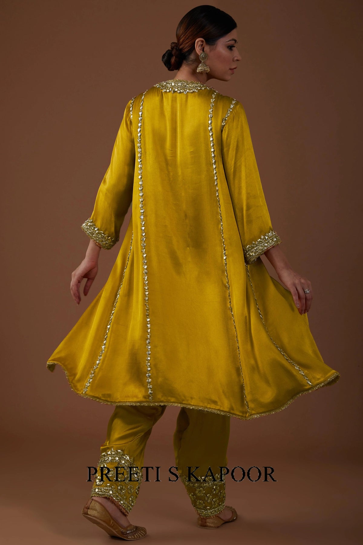 Golden Saffron hued Mashru silk kurta set - Preeti S Kapoor