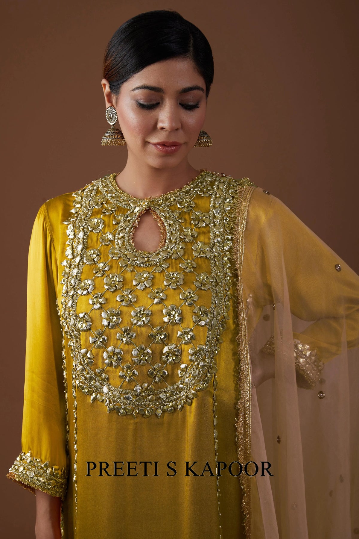 Golden Saffron hued Mashru silk kurta set - Preeti S Kapoor