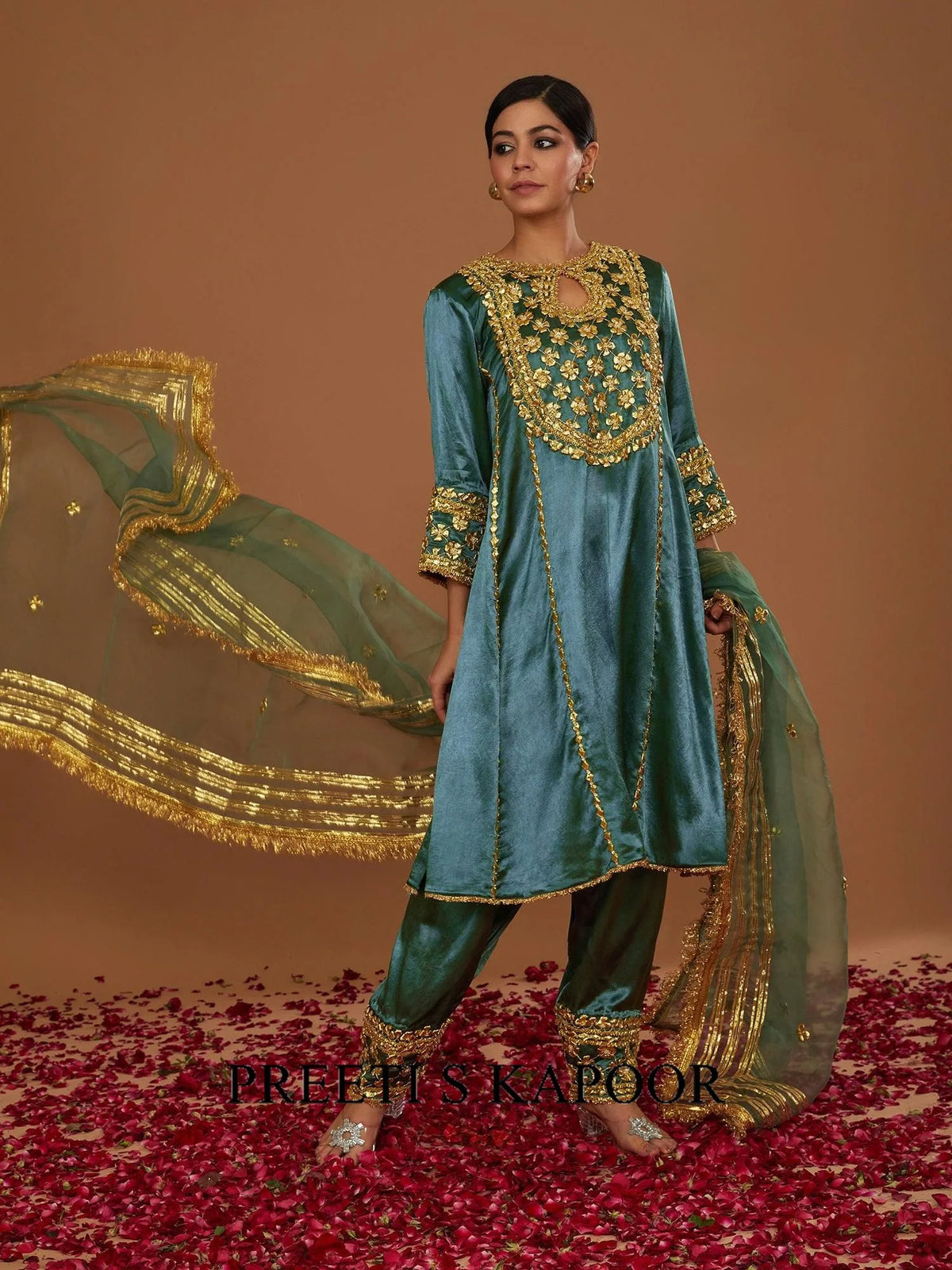 Sap Green Mashru Silk Hand Embellished Kurta Set - Preeti S Kapoor