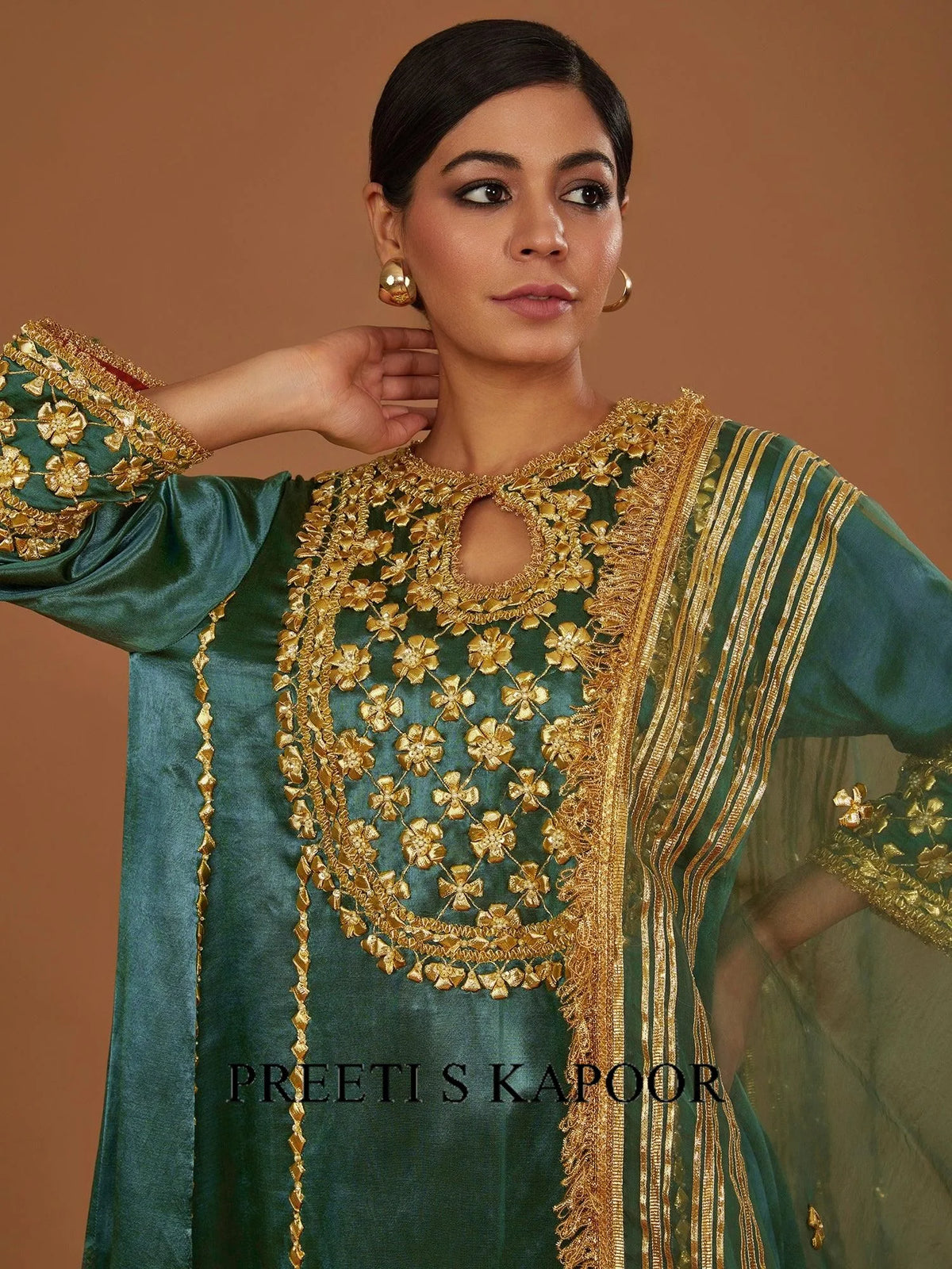 Sap Green Mashru Silk Hand Embellished Kurta Set - Preeti S Kapoor