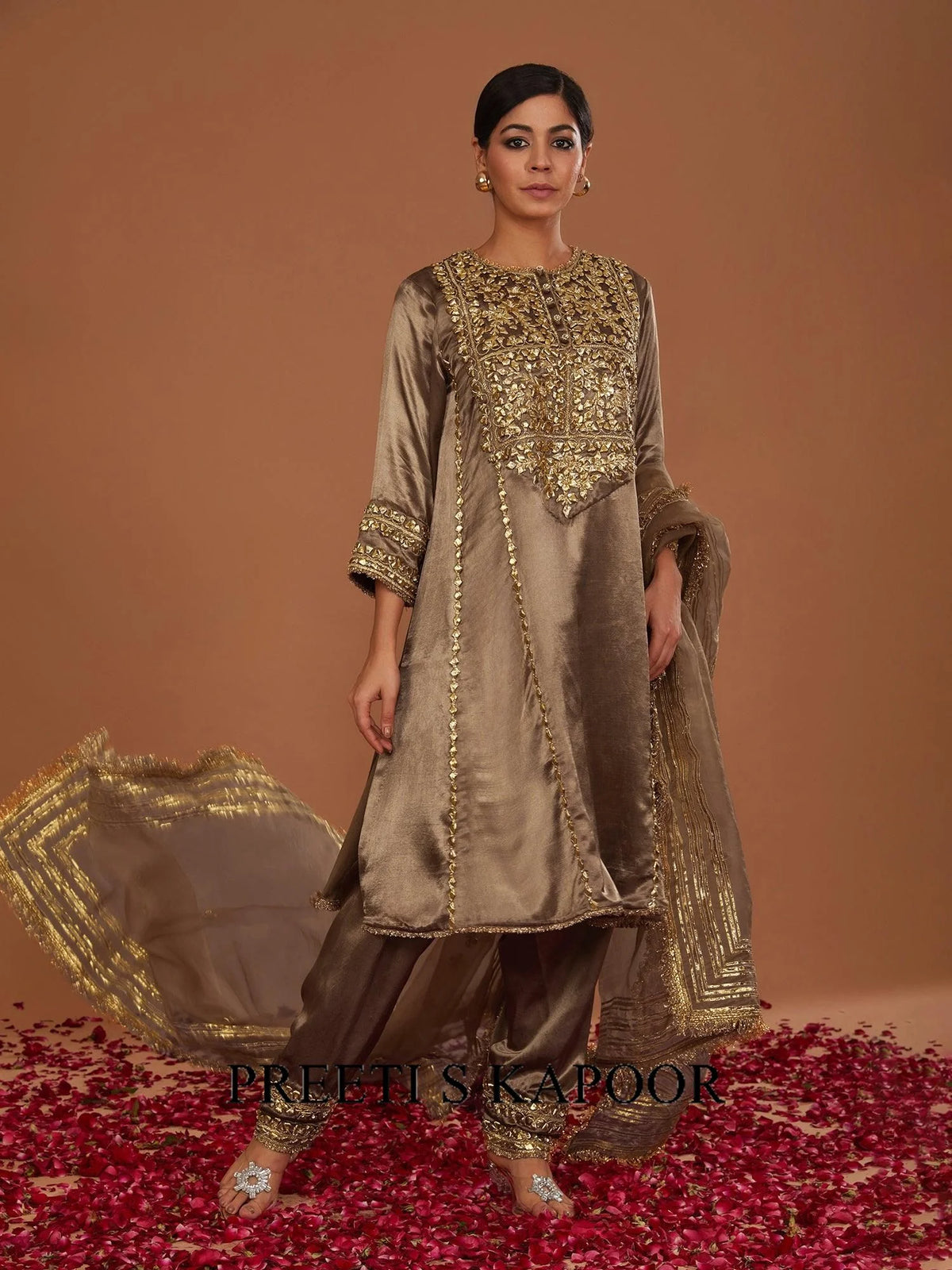 Sepia Brown Mashru Silk Hand Embellished Kurta Set - Preeti S Kapoor