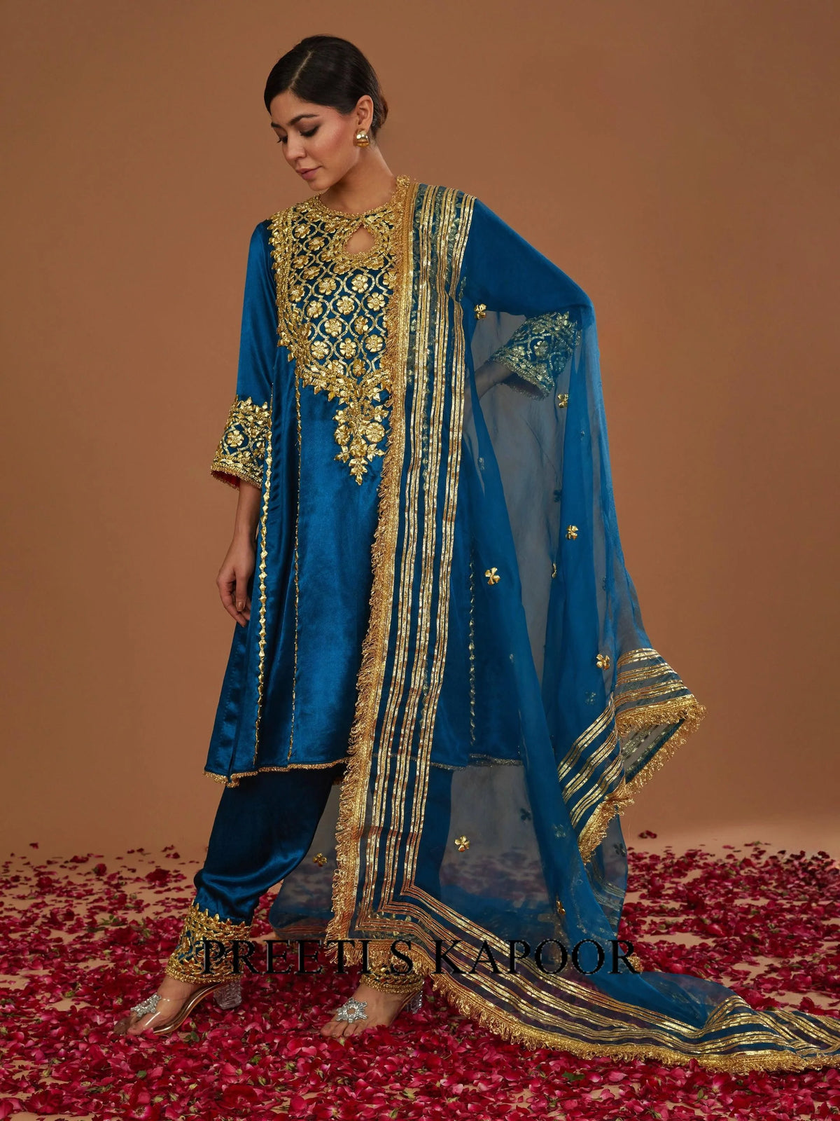 Teal blue mashru silk Hand Embellished Kurta Set - Preeti S Kapoor