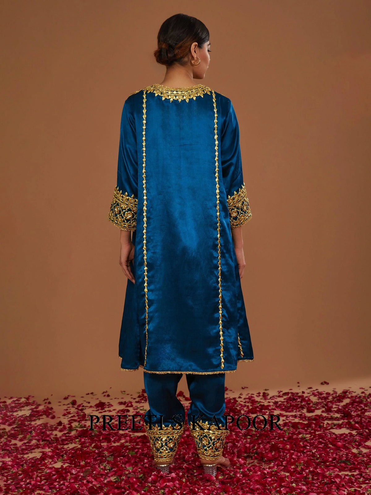 Teal blue mashru silk Hand Embellished Kurta Set - Preeti S Kapoor