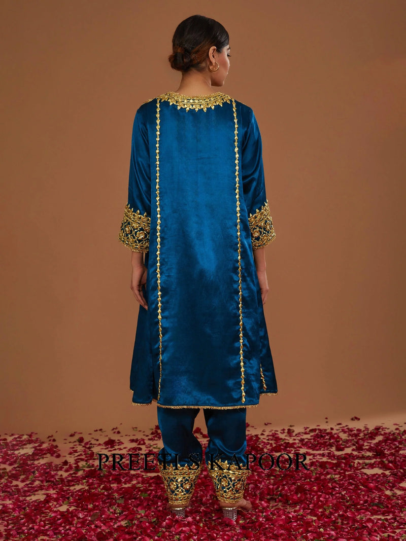 Teal blue mashru silk Hand Embellished Kurta Set - Preeti S Kapoor