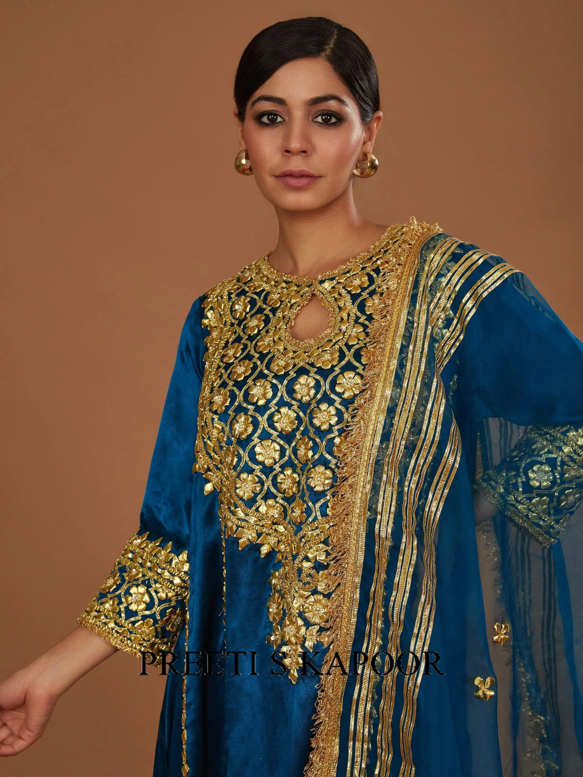 Teal blue mashru silk Hand Embellished Kurta Set - Preeti S Kapoor
