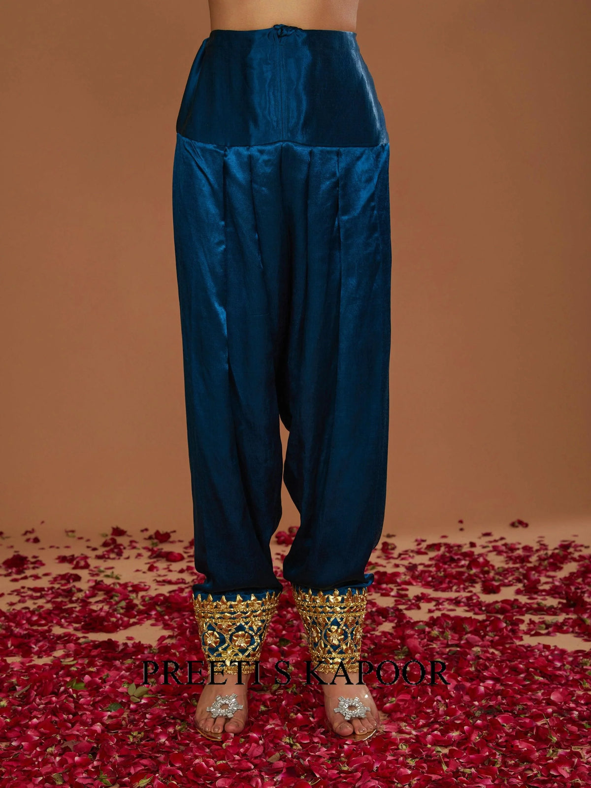 Teal blue mashru silk Hand Embellished Kurta Set - Preeti S Kapoor