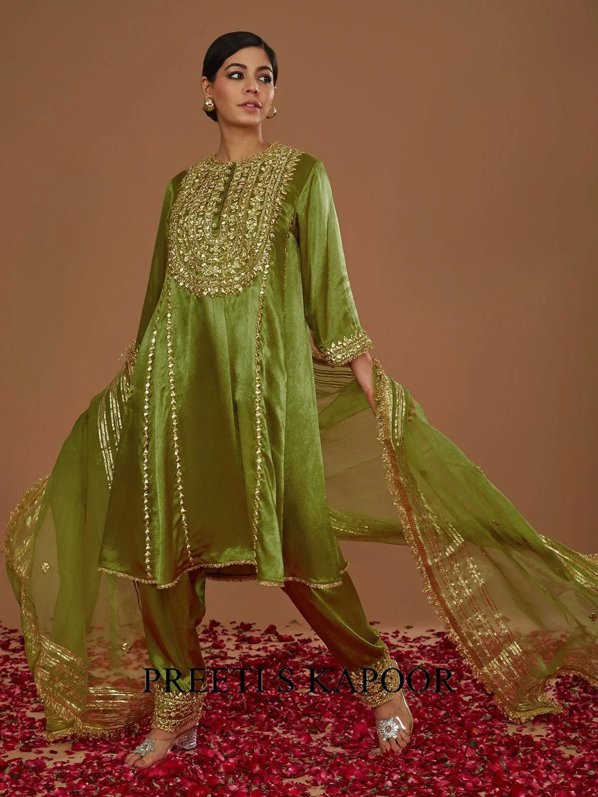 Olive Green Mashru Silk Hand Embellished Kurta Set - Preeti S Kapoor