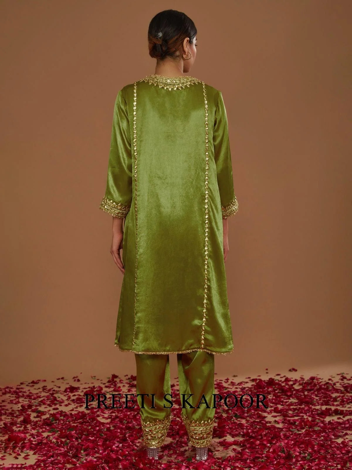 Olive Green Mashru Silk Hand Embellished Kurta Set - Preeti S Kapoor