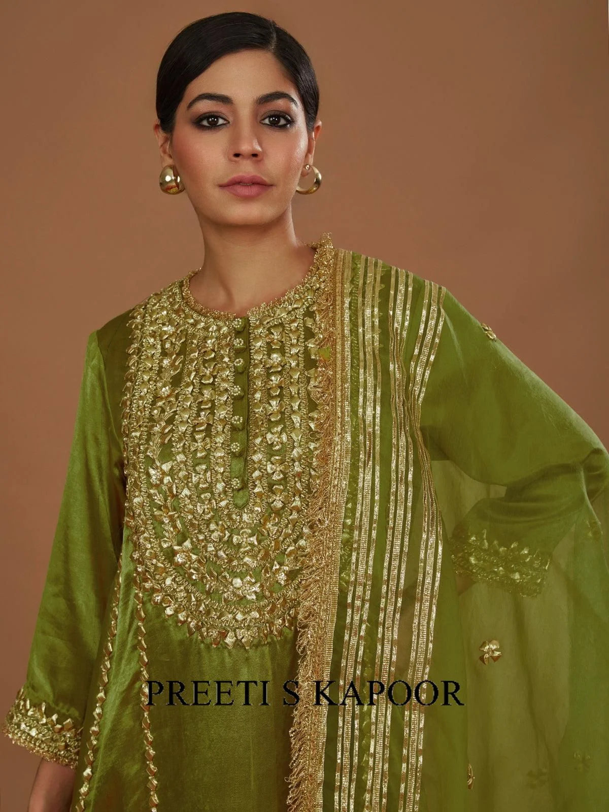 Olive Green Mashru Silk Hand Embellished Kurta Set - Preeti S Kapoor