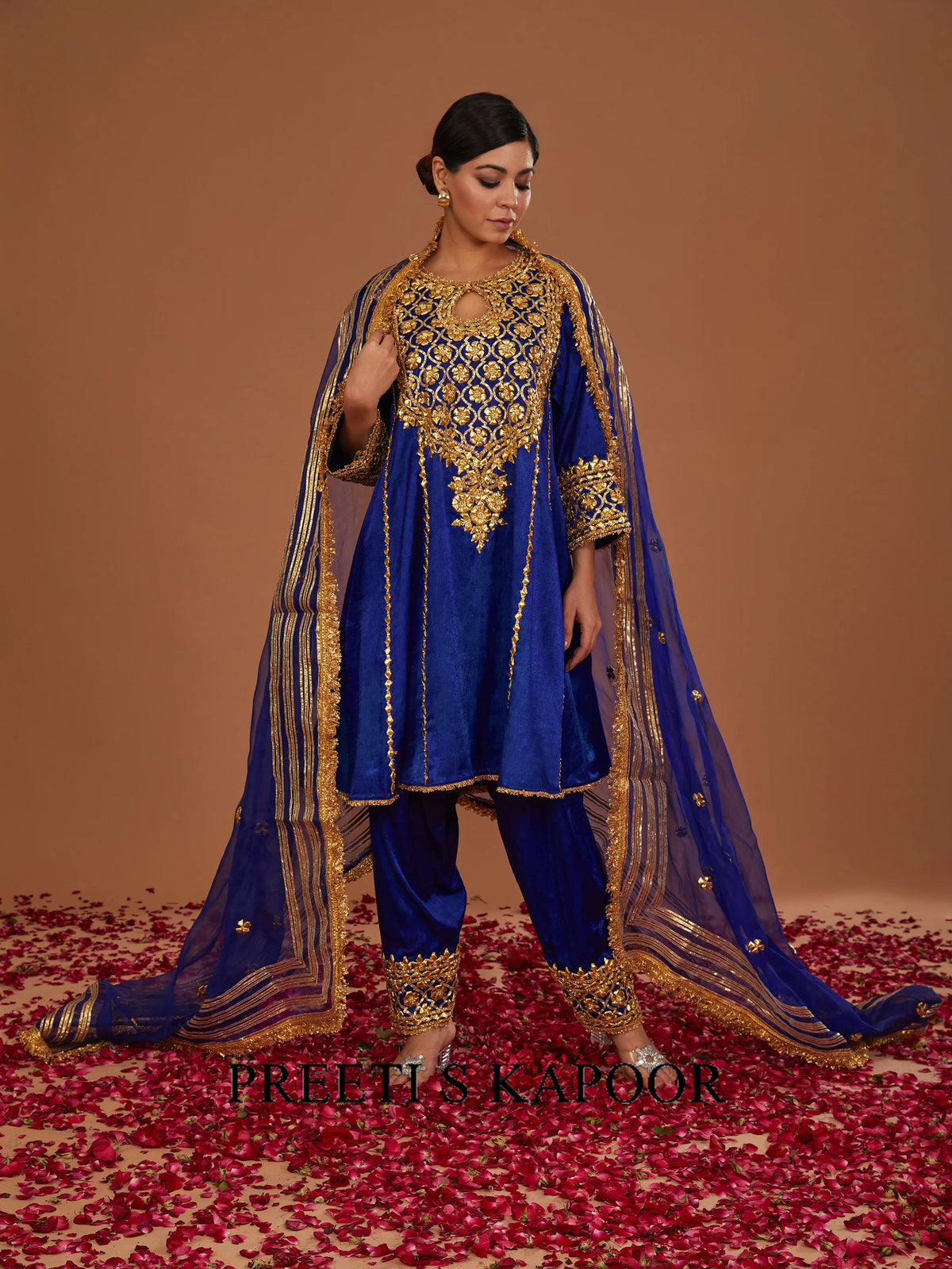 Navy blue mashru silk Hand Embellished Kurta Set - Preeti S Kapoor
