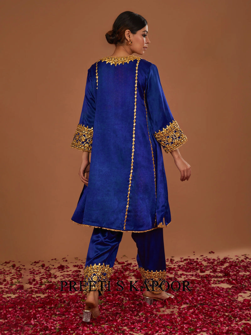 Navy blue mashru silk Hand Embellished Kurta Set - Preeti S Kapoor