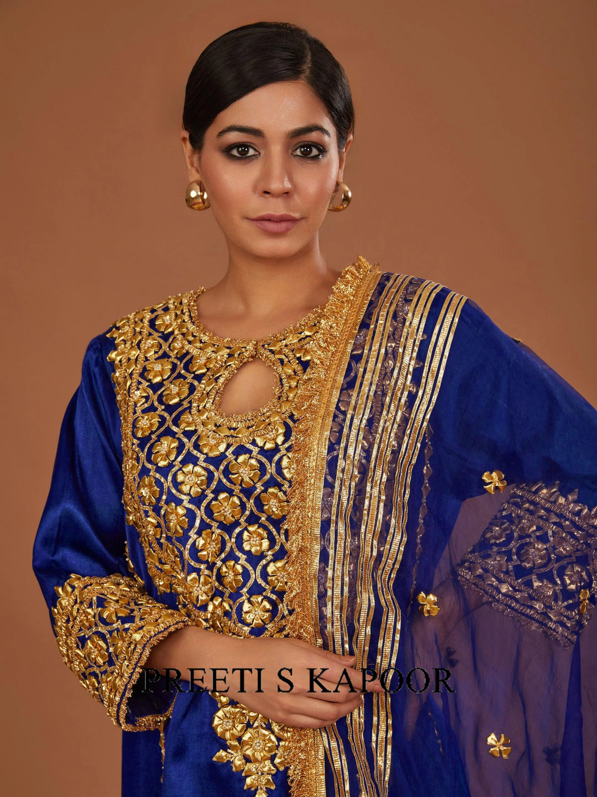 Navy blue mashru silk Hand Embellished Kurta Set - Preeti S Kapoor