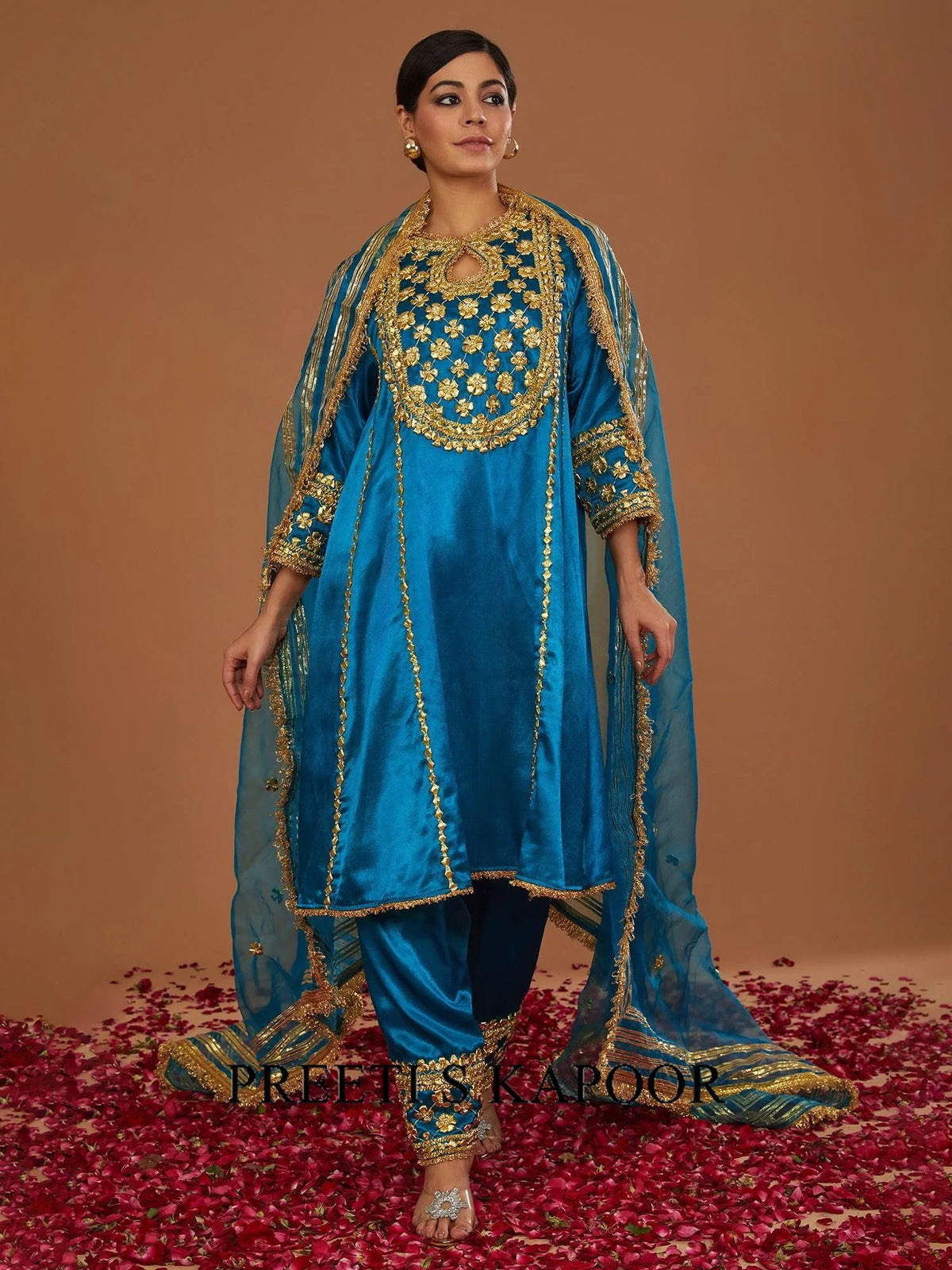 Turquoise Mashru Silk Hand Embellished Kurta Set - Preeti S Kapoor
