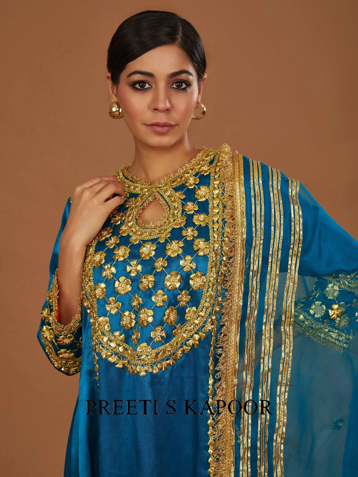 Turquoise Mashru Silk Hand Embellished Kurta Set - Preeti S Kapoor