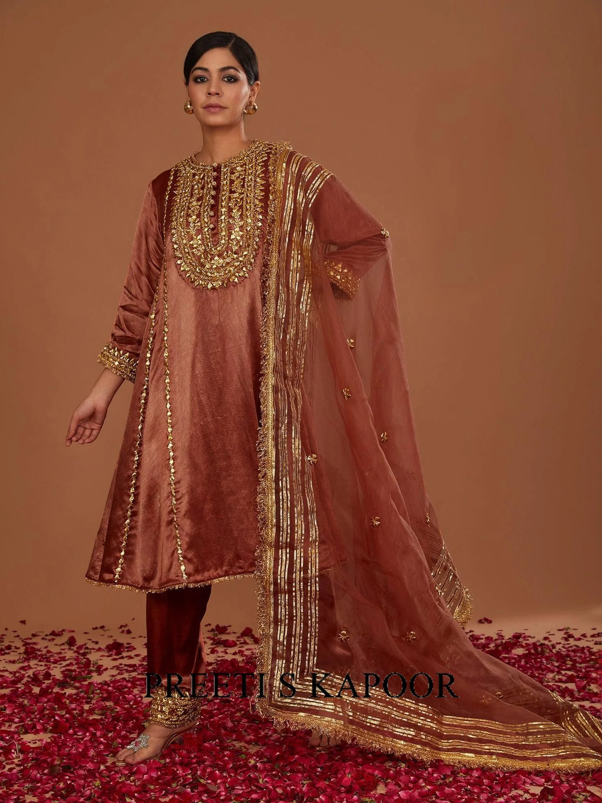 Chestnut Brown Mashru Silk Hand Embellished Kurta Set - Preeti S Kapoor