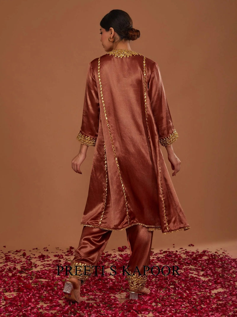 Chestnut Brown Mashru Silk Hand Embellished Kurta Set - Preeti S Kapoor