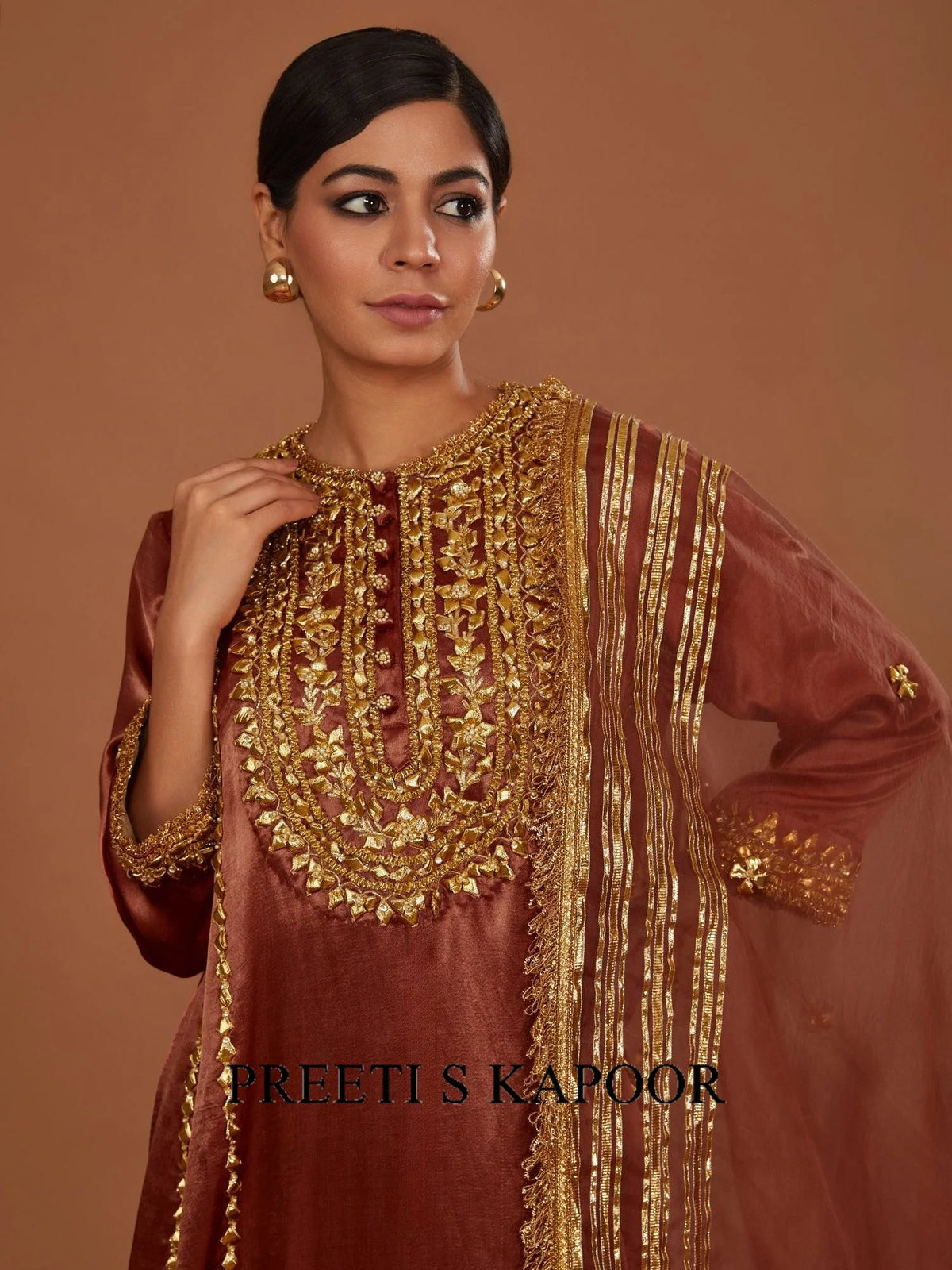 Chestnut Brown Mashru Silk Hand Embellished Kurta Set - Preeti S Kapoor