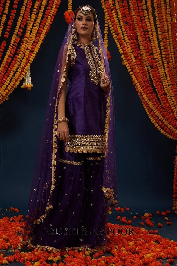 Purple Gotawork Embroidered Kurta Gharara Set - Preeti S Kapoor